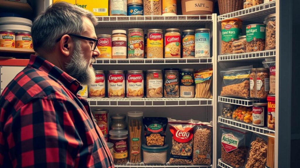 A hyper-realistic depiction of a prepper taking a look at his 30-day emergency food storage plan, featuring neatly organized shelves filled with various shelf-stable food items like canned goods, grains, pasta, and dried fruits.