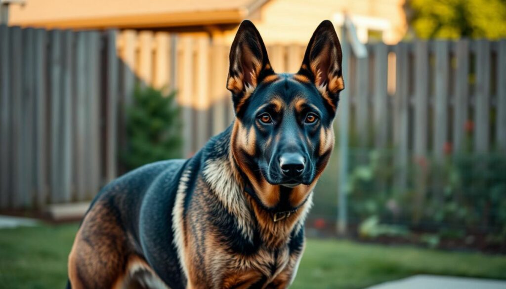 German Shepherd in a vigilant stance, showcasing strong muscles, alert ears, and intelligent eyes, against a suburban backdrop with a fence and garden, emphasizing loyalty and protectiveness.