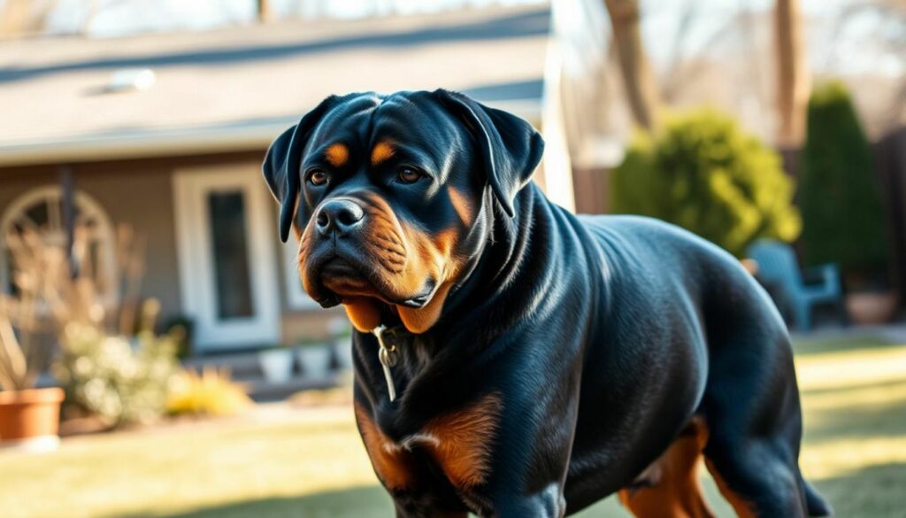 Rottweiler in a protective stance, showcasing strong muscular build, deep chest, and broad head, standing alert in a suburban backyard, contrasting with a cozy home, natural lighting highlighting its shiny black and tan coat, showcasing loyal and intelligent eyes.