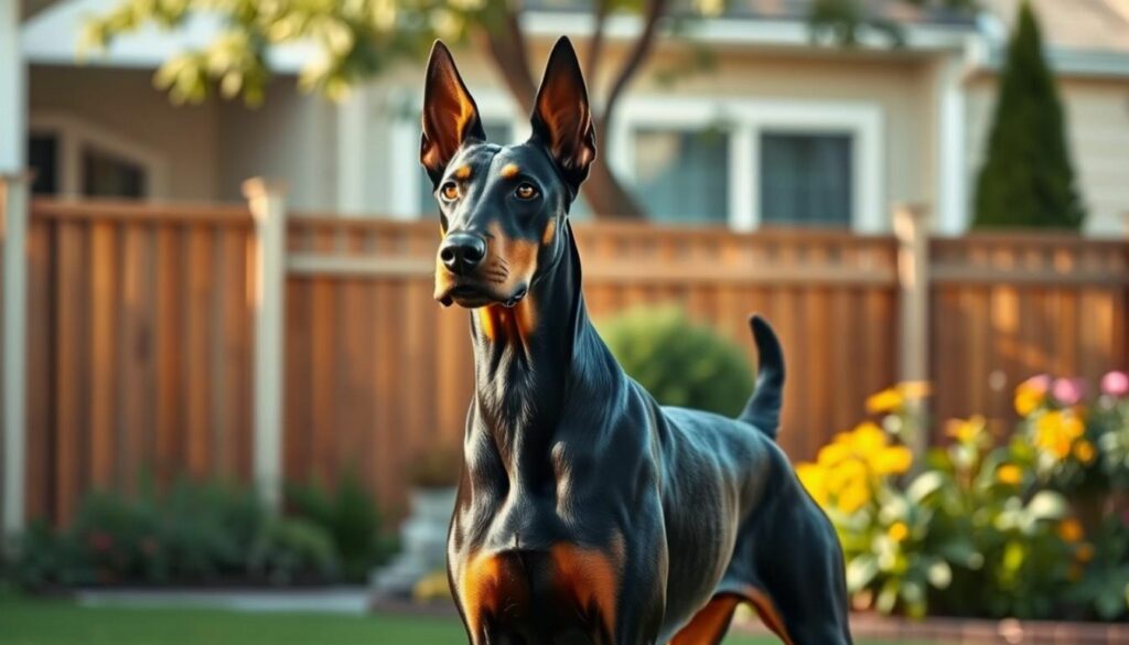 A strong and alert Doberman Pinscher standing proudly in a suburban backyard, showcasing its sleek black and tan coat, muscular build, and attentive expression.