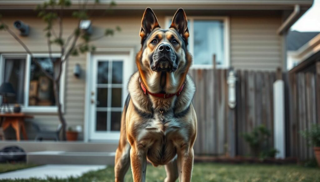 A strong and vigilant dog standing guard in a suburban backyard, showcasing a sturdy build, alert posture, and keen expression.