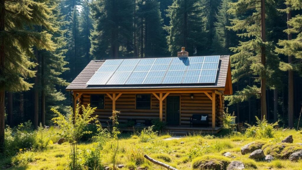 An off-grid cabin nestled in a lush forest, equipped with solar panels on the roof, surrounded by greenery and wildlife, with sunlight streaming through the trees, highlighting the solar setup, showcasing a harmonious blend of nature and sustainable energy.