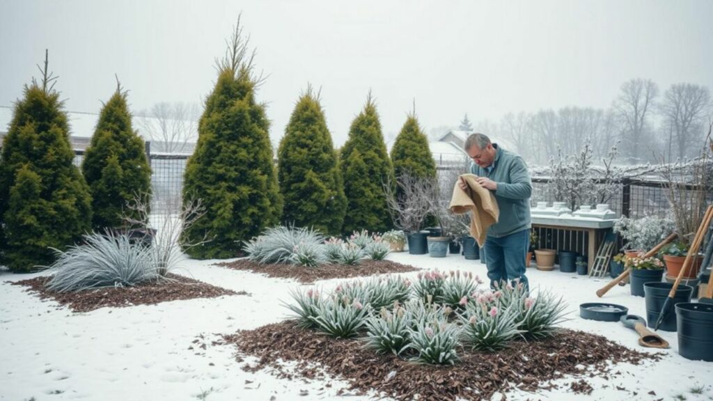 A serene winter garden scene, featuring frost-covered plants and neatly mulched flower beds, a gardener gently covering delicate flowers with burlap cloth, snowflakes softly falling from a gray sky, vibrant evergreens standing tall amidst a blanket of white, tools and pots organized nearby, evoking a sense of preparation and tranquility.