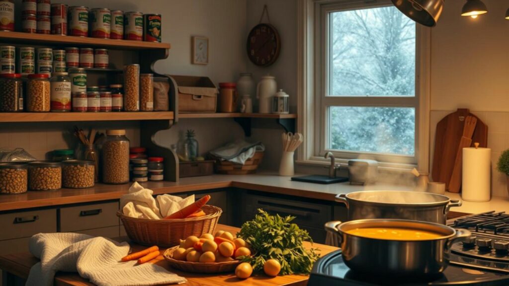 A cozy, modern kitchen scene filled with winter supplies, featuring shelves stocked with canned goods, dried beans, and pasta; a wooden table adorned with fresh vegetables like carrots and potatoes; a large pot of soup simmering on the stove; snowflakes gently falling outside the window; warm, inviting lighting that creates a sense of comfort and preparedness for a winter storm.