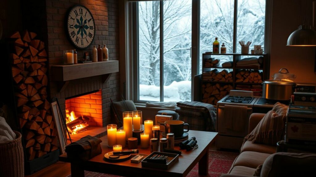 A cozy, warmly lit living room of a modern urban home in america with a wood-burning fireplace, surrounded by neatly stacked firewood, and a window showing heavy snowfall outside. A table is set with candles, blankets, and a first-aid kit, while a large pot simmers on the stove. In one corner, a collection of flashlights and batteries is arranged next to a stack of non-perishable food items, all creating an inviting atmosphere that prepares for a winter power outage.