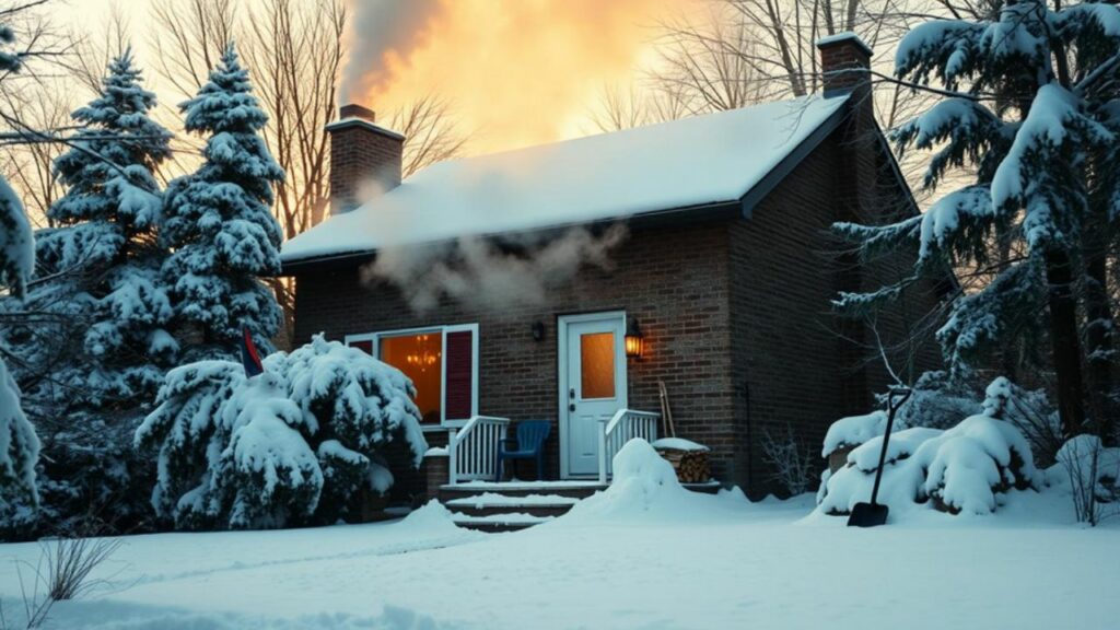 An urban american family home surrounded by snow-covered trees, smoke rising from the chimney, snowflakes gently falling, a stack of firewood beside the door, and a snow shovel leaning against the wall, with the winter sunset casting a warm glow over the scene.