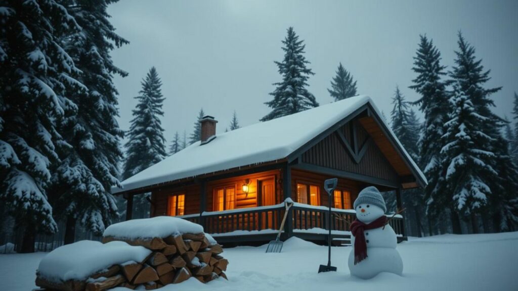 A cozy, snow-covered cabin surrounded by tall pine trees, with a warm glow emanating from the windows. In the foreground, a well-stocked firewood pile and a shovel leaning against the porch. Softly falling snowflakes create a serene atmosphere, while a snowman stands nearby, adorned with a scarf and hat. The sky is gray and overcast, hinting at the intensity of an impending winter storm.