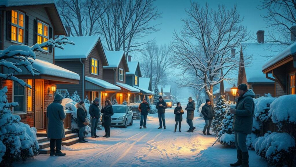 A cozy winter scene depicting a neighborhood covered in snow, showing small groups of people bundled up in warm clothing, checking on each other's homes, and sharing hot beverages. Warm light emanates from windows, creating a sense of community warmth amidst the cold. Snow-covered trees and a clear blue sky enhance the festive winter atmosphere while emphasizing safety and togetherness.