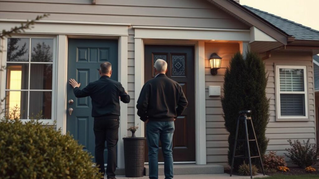 A detailed scene of a residential home undergoing a security audit, featuring an inspector examining doors and windows, checking locks, assessing outdoor lighting, and observing motion sensors in a well-maintained yard, showcasing various security elements like cameras and alarms, set in a suburban neighborhood during the day. Hyper realistic.