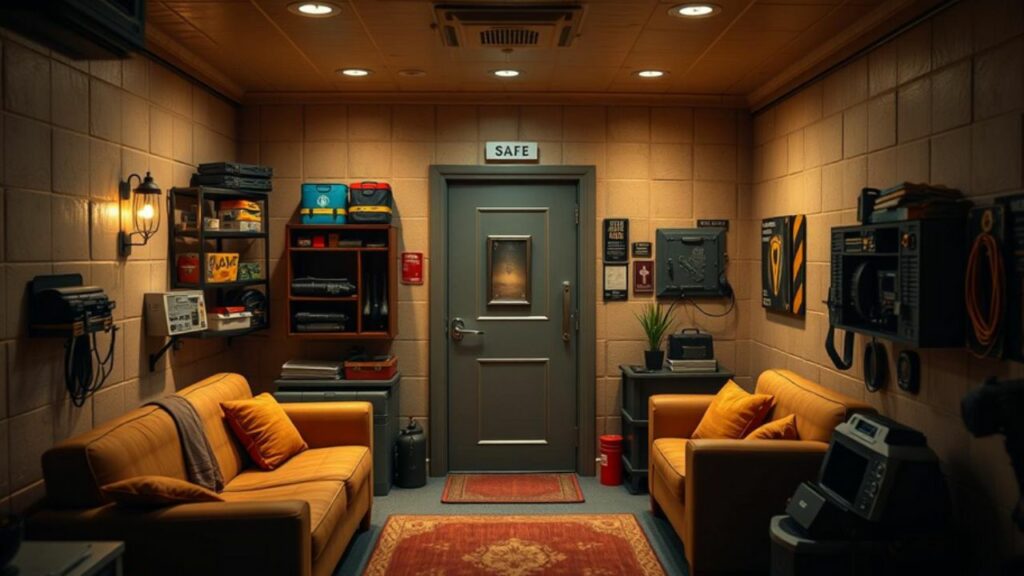 A cozy interior safe room featuring reinforced walls and a secured door. The room is furnished with comfortable seating, a stocked emergency kit, and mood lighting, creating a calm yet secure atmosphere. Various safety tools and supplies are organized on shelves, while a hidden escape route is subtly indicated in the corner of the room. The overall color scheme is warm and inviting, enhancing the feeling of security. Hyper realistic.