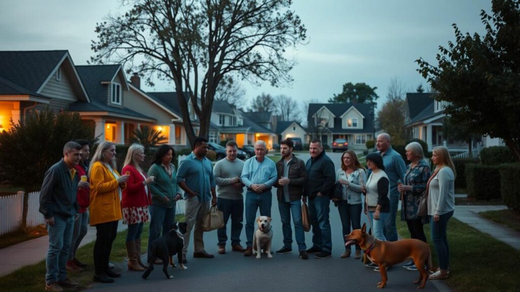 A diverse group of neighbors standing together on a suburban street, forming a protective circle around a home, with elements of community bonding like shared snacks and friendly dogs, houses in the background with lights on, trees lining the street, evening atmosphere, warm colors, showcasing unity and vigilance against potential threats.