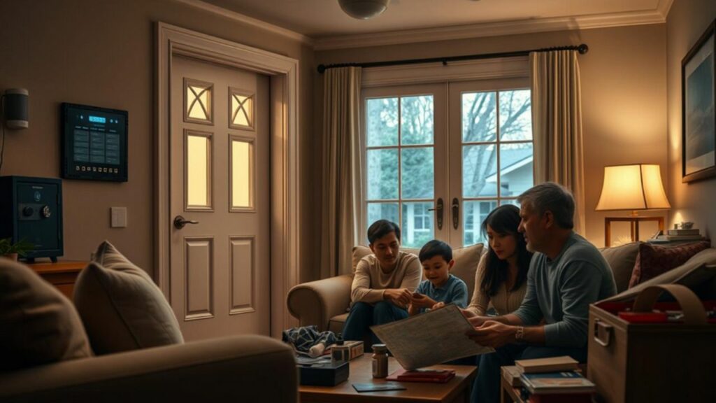 A cozy family living room with reinforced doors and windows, a security system panel on the wall, a well-lit exterior with motion sensor lights, an indoor safe visible, and a family planning safety strategies together, depicted through items like a map and emergency kits, emphasizing a sense of security and preparedness. Hyper realistic.