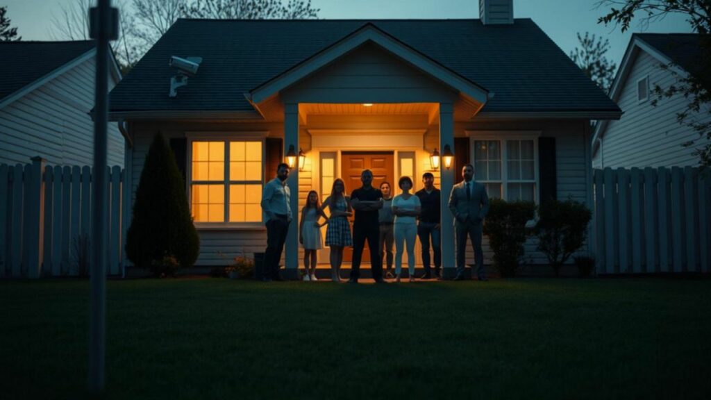 A serene suburban home with a well-maintained yard, featuring a security camera and motion sensor lights, surrounded by a sturdy fence. In the foreground, a family of diverse silhouettes stands confidently behind the front door, with an air of vigilance. The atmosphere conveys a sense of safety and preparedness, with soft evening light casting long shadows.