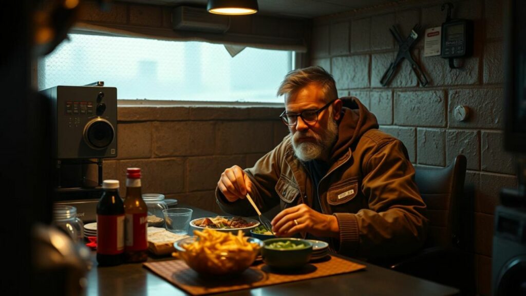 An urban prepper enjoying his ReadyWise meals inside his safe room. Hyper realistic.