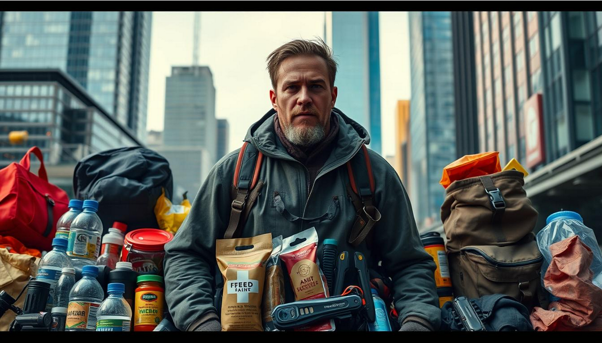 A rugged urban survivalist character in a modern city environment, surrounded by a diverse assortment of essential items for a 72-hour emergency kit, including water bottles, non-perishable food, a first aid kit, flashlight, multi-tool, portable phone charger, and weather-appropriate clothing, with skyscrapers and urban infrastructure in the background, capturing the essence of city living while preparing for emergencies.