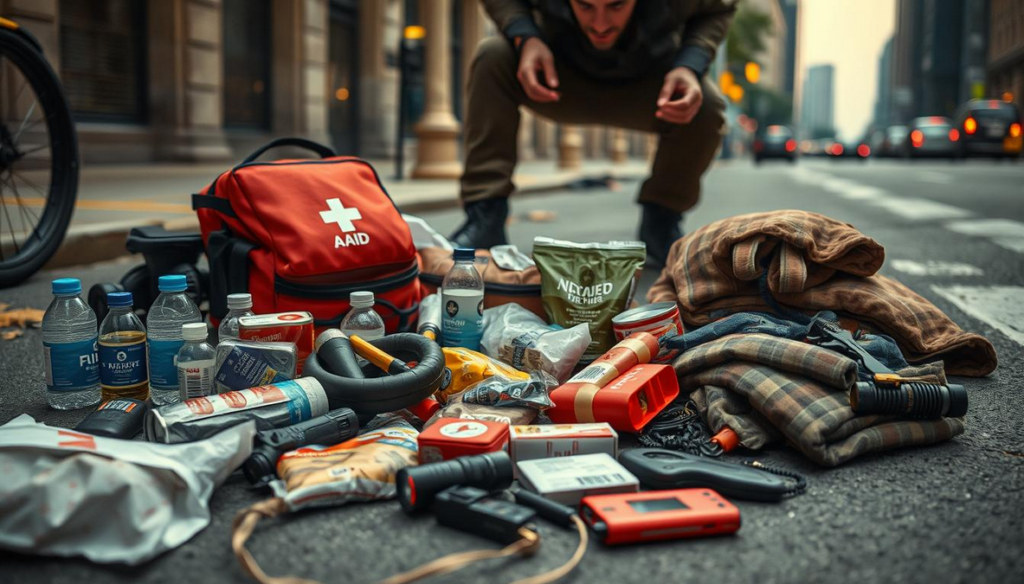 An urban survival scene depicting a rugged emergency kit spread out on a city street, featuring a variety of disaster preparedness supplies such as a first aid kit, water bottles, non-perishable food, flashlight, multi-tool, emergency blankets, and portable phone charger. Include a rugged urban survivalist character assessing the supplies with focused determination, surrounded by faint cityscape in the background, showcasing resilience in an emergency situation.