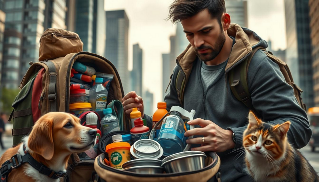 A detailed hyper realistic depiction of a pet emergency kit for disaster preparedness, featuring an array of essential supplies such as food and water containers, first aid items for pets, leashes, travel bowls, and a cozy blanket, all organized neatly in a rugged backpack. The scene includes an urban survivalist character with a determined expression, inspecting the kit amidst a cityscape background with hints of nature peeking through. Surrounding elements include a loyal dog and a curious cat, both ready for adventure, adding warmth to the practical setup. Hyper realistic.