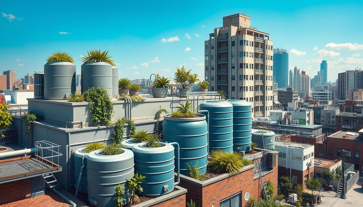 A compact urban water storage solution integrated into a small city landscape, featuring sleek, modern rainwater collection systems on rooftops, vertical gardens with integrated tanks, and decorative cisterns surrounded by greenery, all set against a backdrop of bustling urban architecture and blue sky