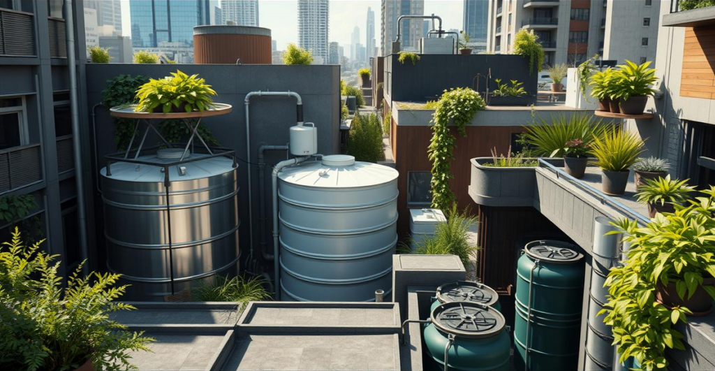 an urban rainwater harvesting system integrated into a small cityscape