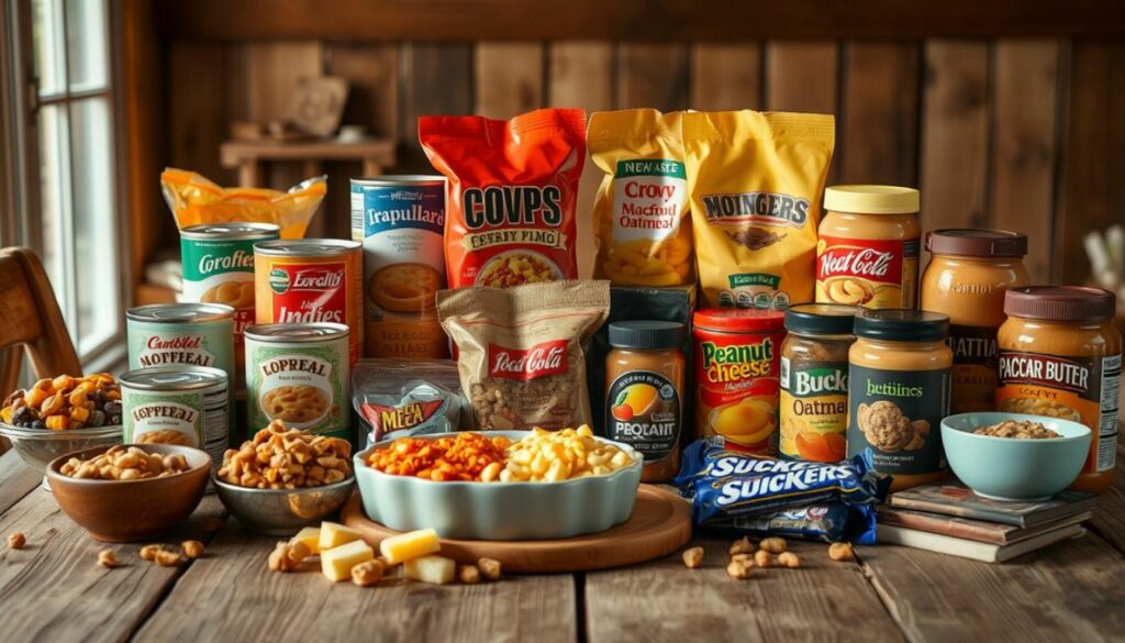An assortment of shelf-stable comfort foods creatively arranged on a rustic wooden table, including canned soups, dried fruits, instant oatmeal packets, packaged macaroni and cheese, peanut butter jars, and chocolate bars; warm, inviting colors with soft natural lighting to evoke a sense of coziness and security.