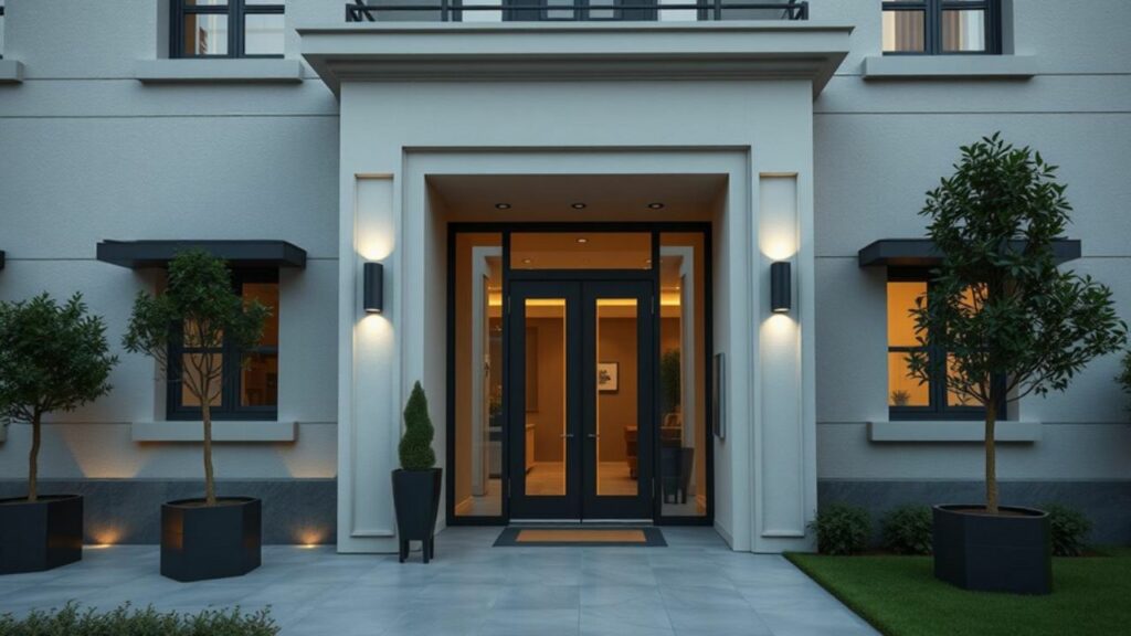 A modern apartment entrance with subtle high-tech security design elements integrated into the exterior, showcasing a secure yet inviting atmosphere.