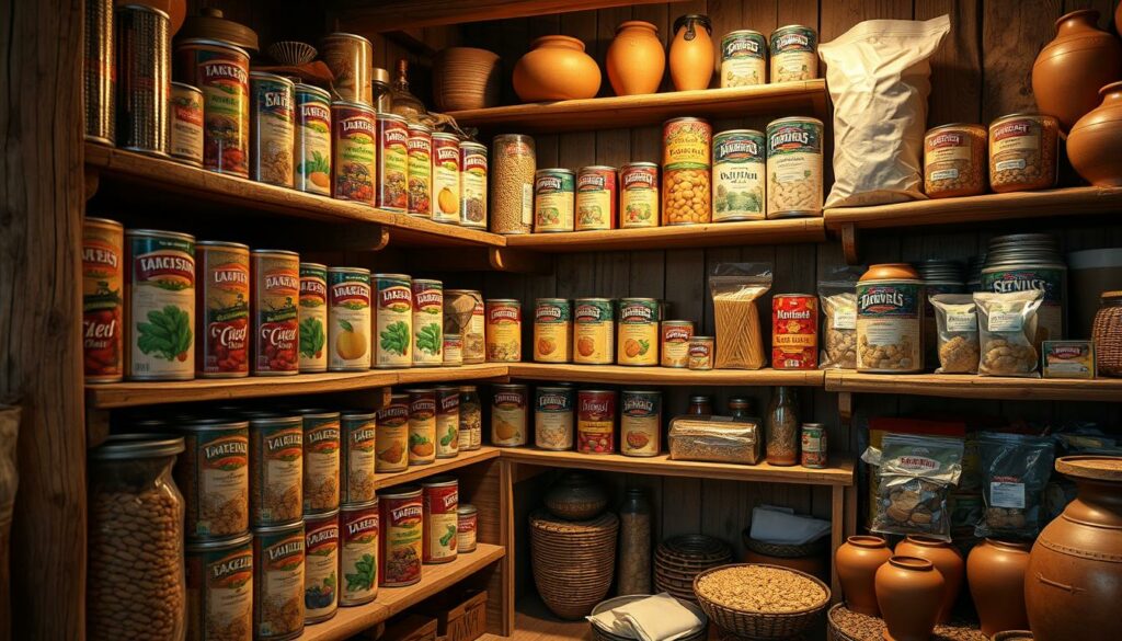 A rustic wooden pantry filled with an assortment of shelf-stable survival foods, including canned goods, dried beans, rice, pasta, dehydrated fruits, and vacuum-sealed meals.