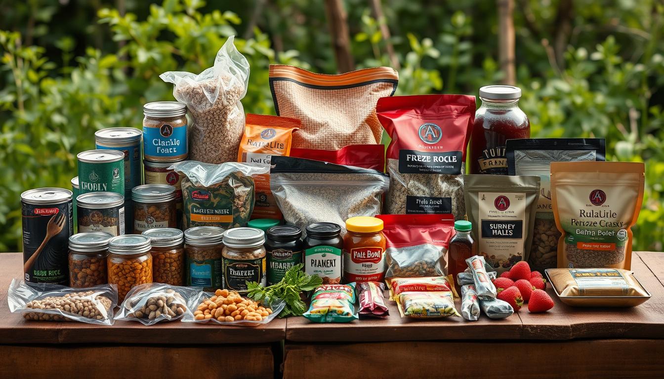A diverse selection of shelf stable survival foods arranged on a rustic wooden table, including canned goods, dried beans, rice bags, freeze-dried meals, jars of honey, vacuum-sealed nuts, dehydrated fruits, and protein bars, all set against a natural backdrop of greenery and soft lighting.