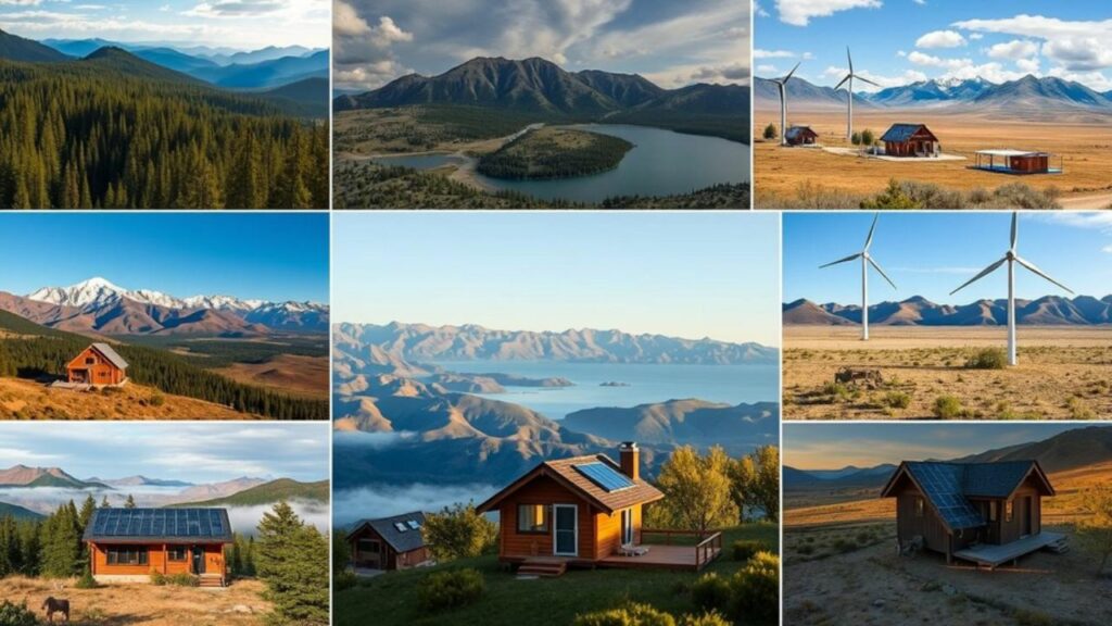 A scenic collage of the best states for off-grid living in America, featuring diverse landscapes such as dense forests, vast deserts, mountain ranges, serene lakes, and open plains, with sustainable homes like cabins and tiny houses integrated into nature, showcasing solar panels and wind turbines, highlighting a harmonious relationship between humans and the natural environment.