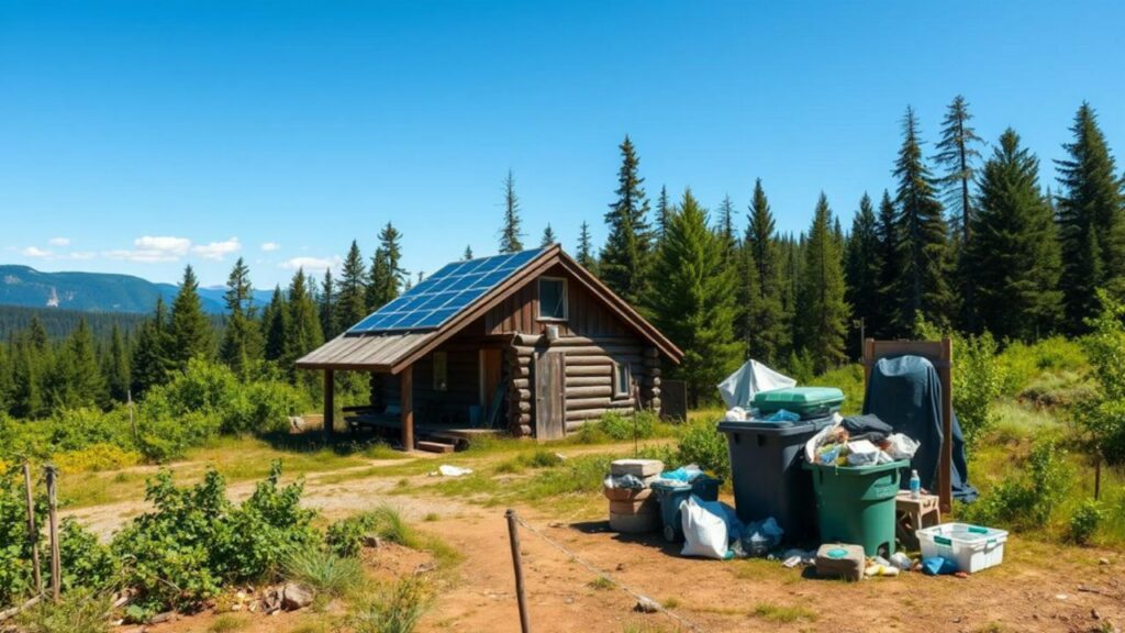 A rustic off-grid cabin nestled in a forest clearing, surrounded by lush greenery and a solar panel array, with a composting toilet and a makeshift waste disposal area nearby, showcasing overflowing bins, scattered organic waste, and recycling materials, all under a bright blue sky with distant mountains in the background.