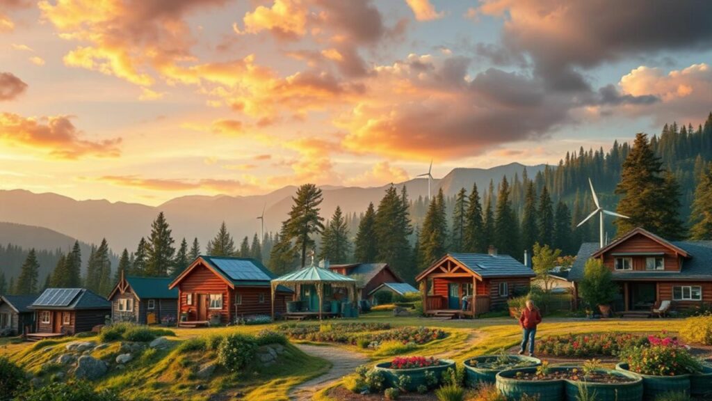 A serene landscape showcasing diverse off-grid living styles, featuring eco-friendly tiny homes, solar panels, wind turbines, and lush gardens in a mix of mountainous and forested settings, illustrating a harmonious connection with nature, vibrant colors depicting seasonal changes, and people engaging in sustainable activities like gardening and composting.